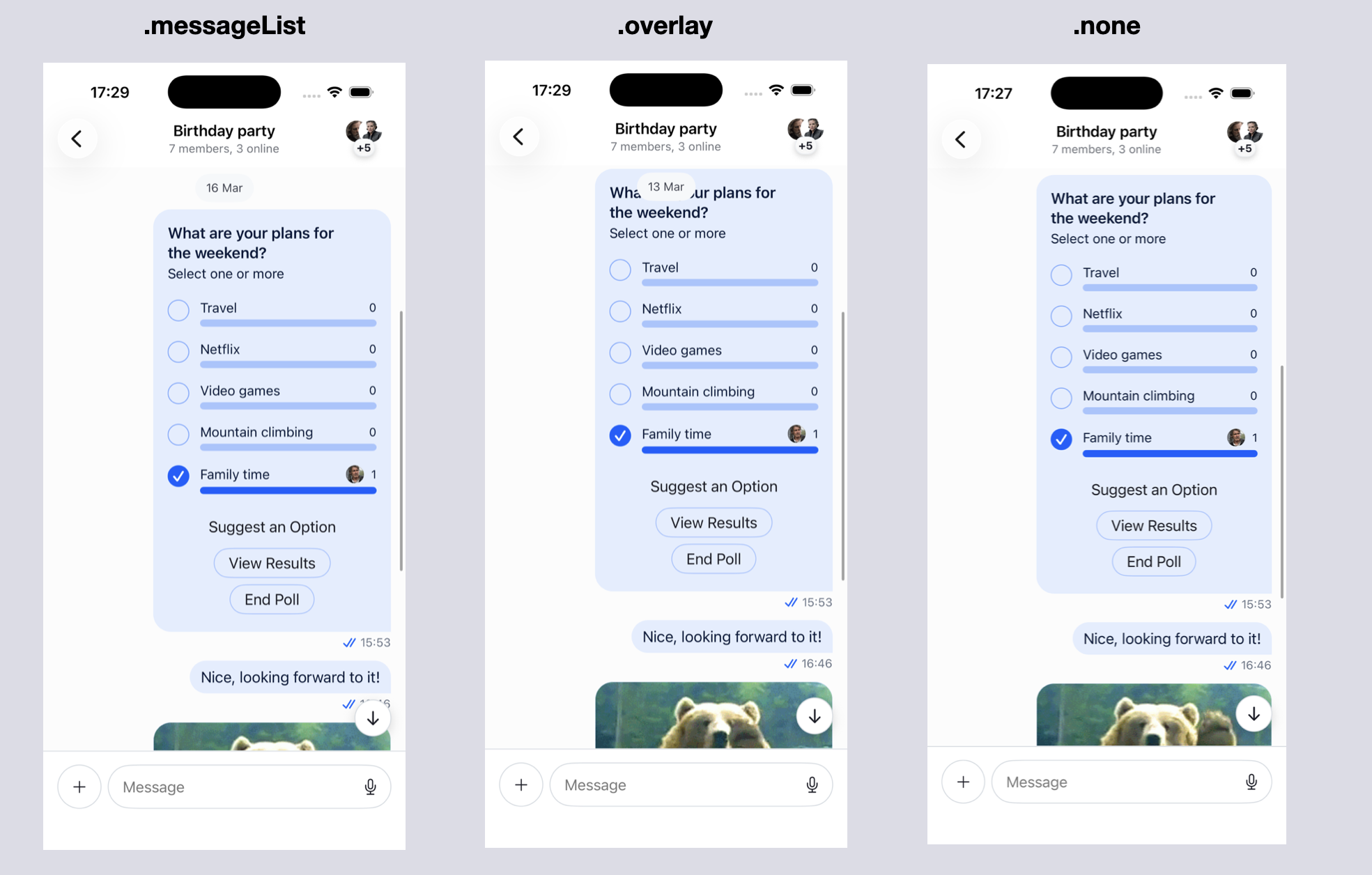 The different options how to set the dateIndicatorPlacement variable of the MessageListConfig