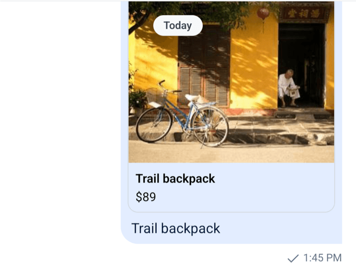 A message with a product card showing an image, the name and the price above the message text on Android