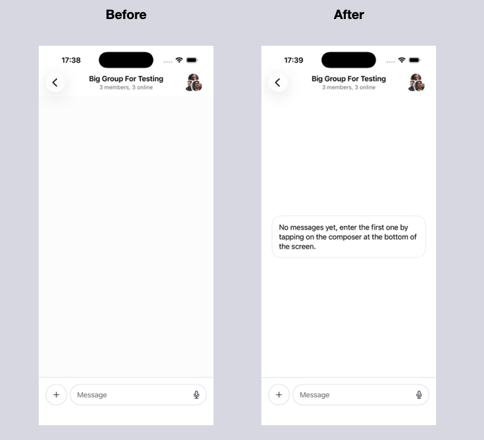 Comparison of the default look of the empty message list and the custom example shown in the code above.