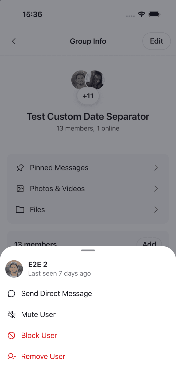 A member sheet with Send Direct Message above Mute User, Block User and Remove User on iOS