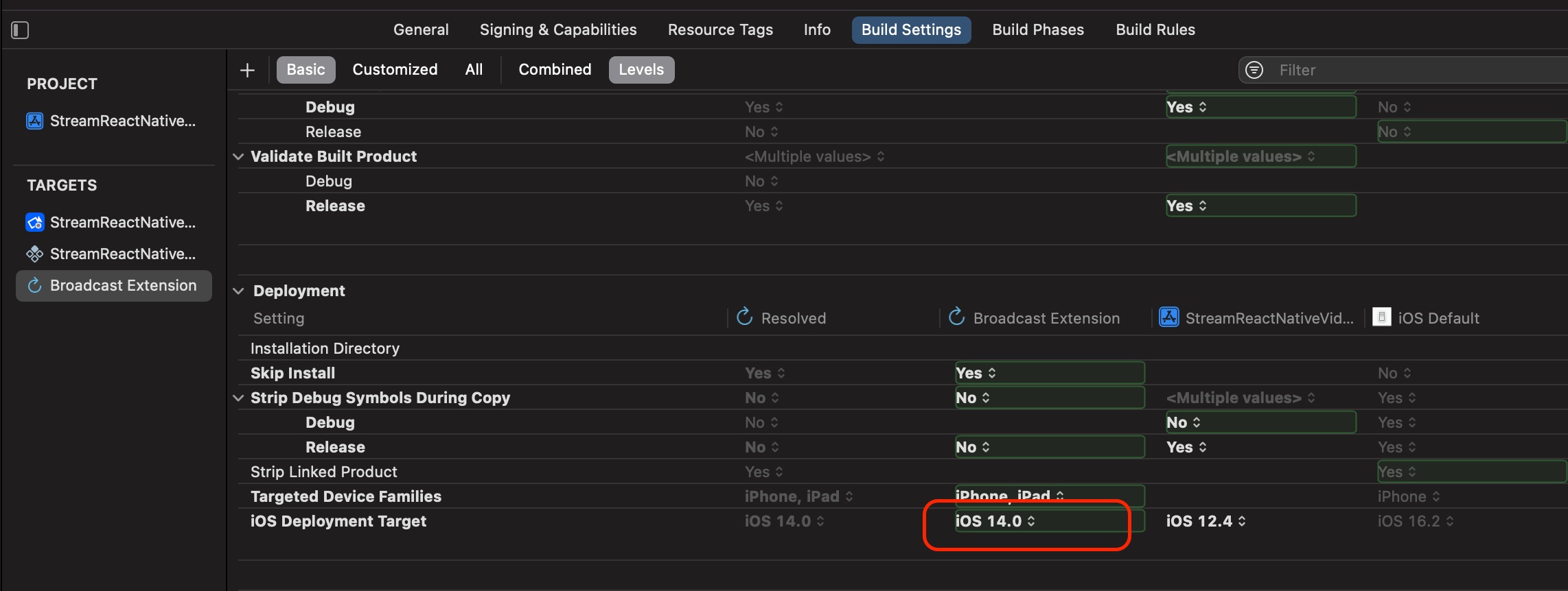 Preview of iOS deployment target of the broadcast extension