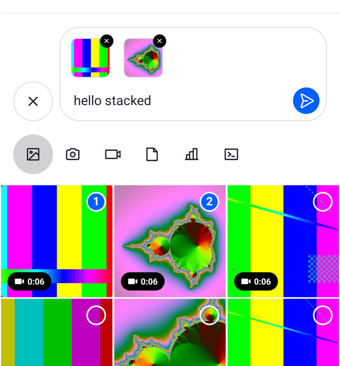 A composer with a small square thumbnail and a remove button above the attachment picker on Android