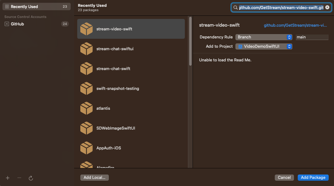 Screenshot shows how to add the SPM dependency