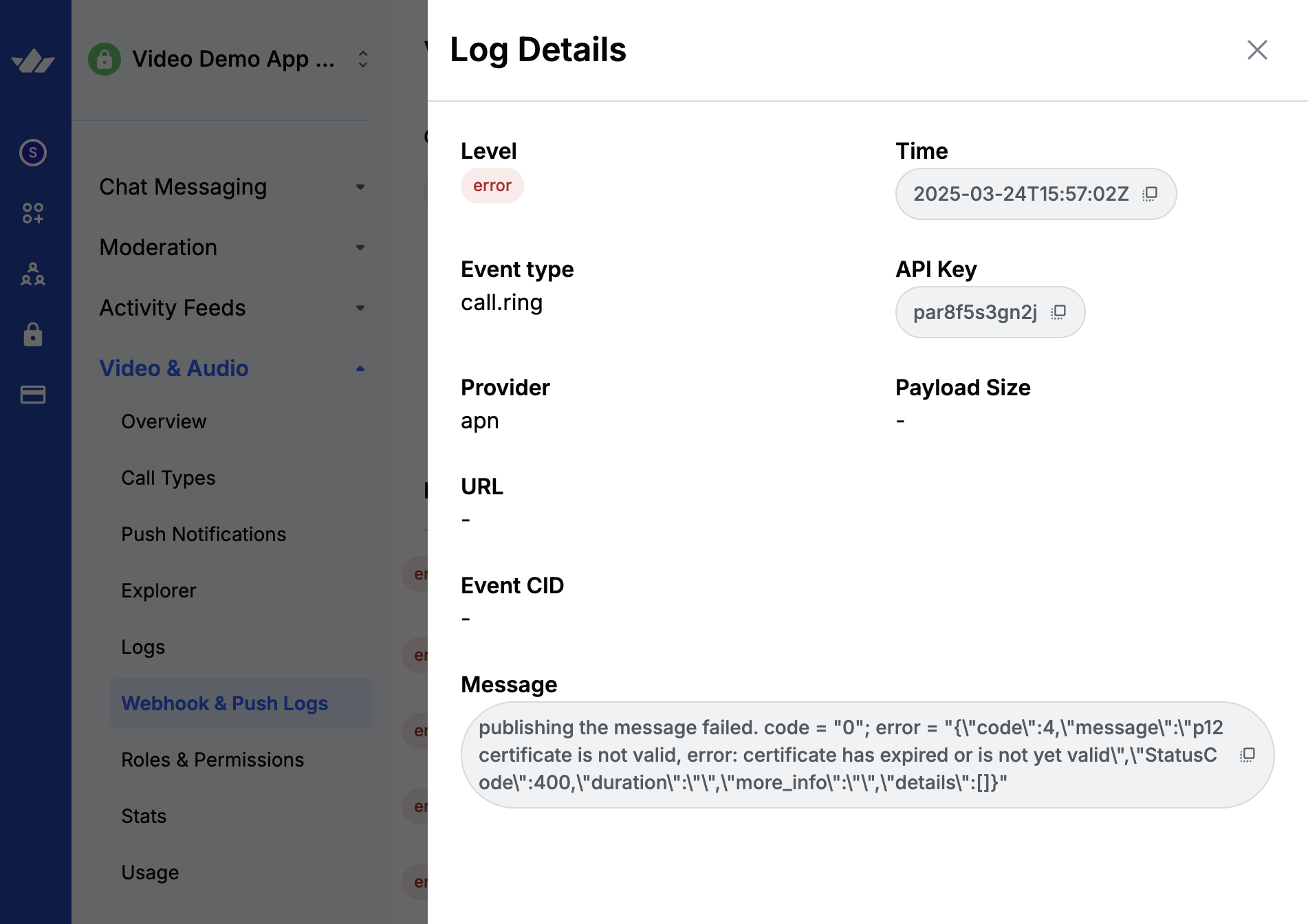 Preview of the dashboard push error log item popup