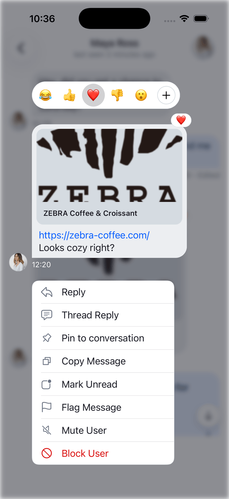 When the messagePopoverEnabled parameter is set to true a long-press on a message of any type opens this menu.