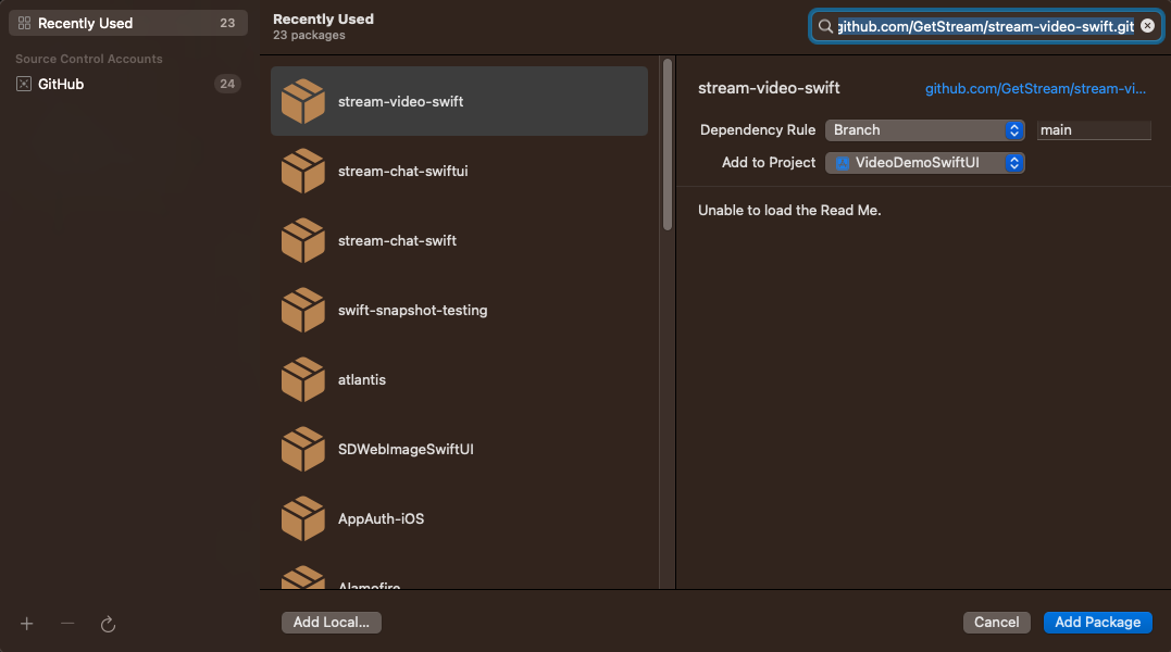 Screenshot shows how to add the SPM dependency