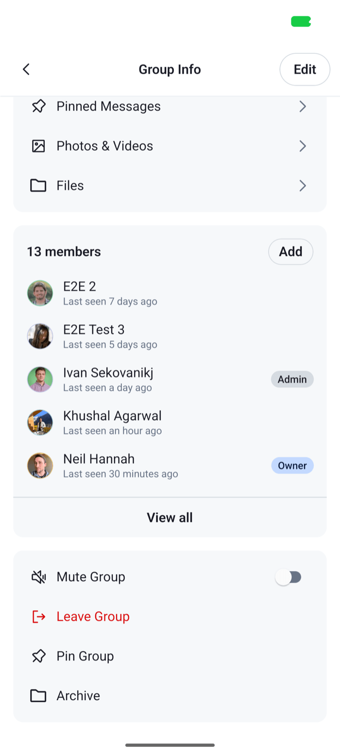 The channel details actions with Pin Group and Archive after Mute and Leave on Android