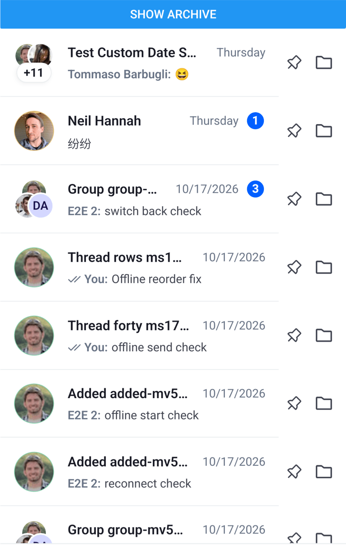 Channel rows with a pin button and an archive button at the end of each row on Android