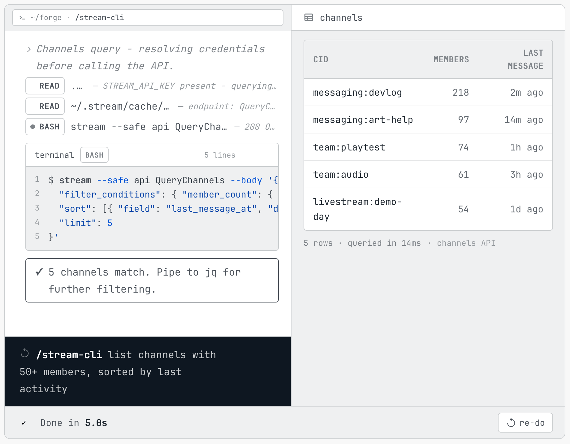 /stream-cli answering a question about live Stream data