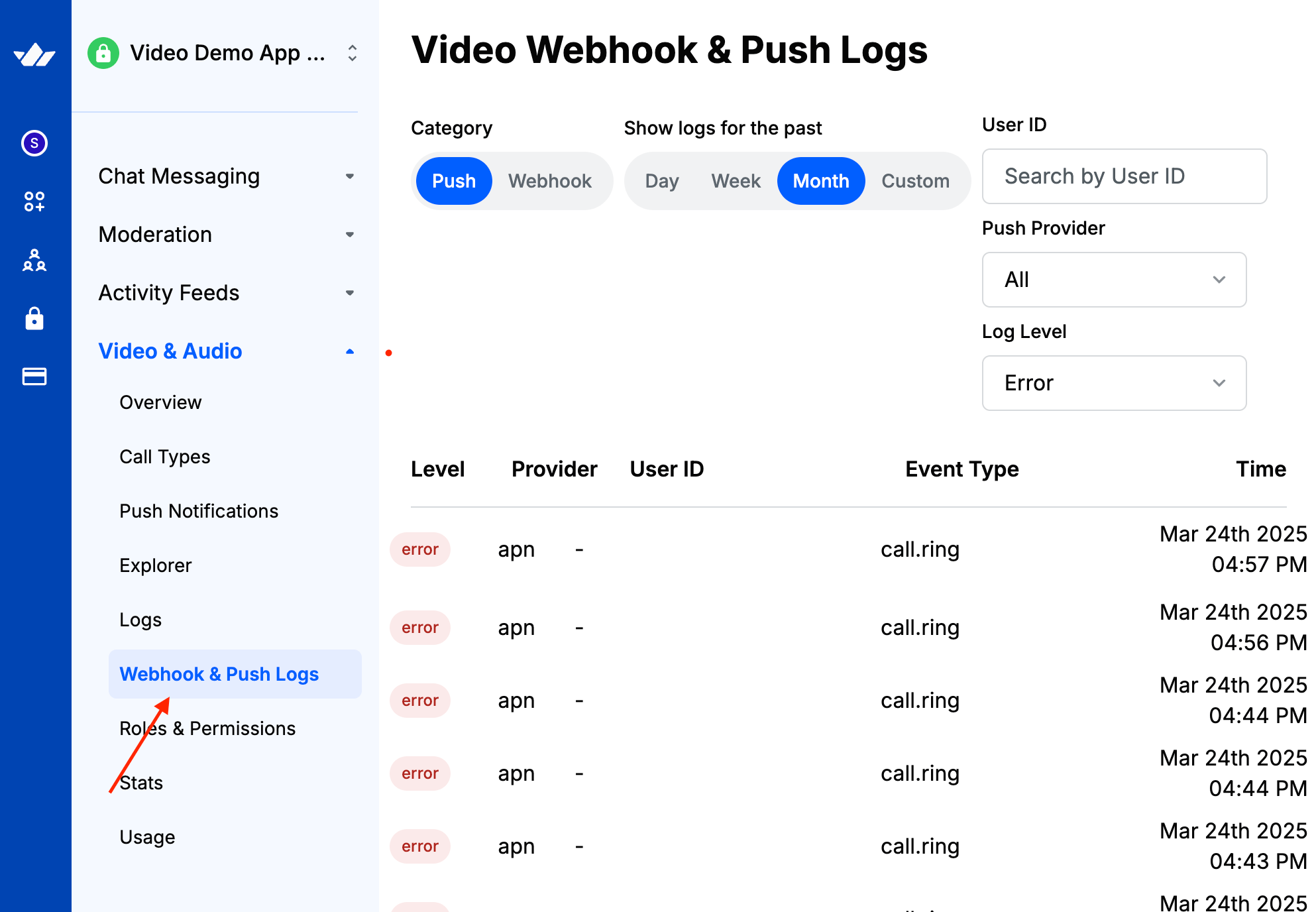 Preview of the dashboard push error log list