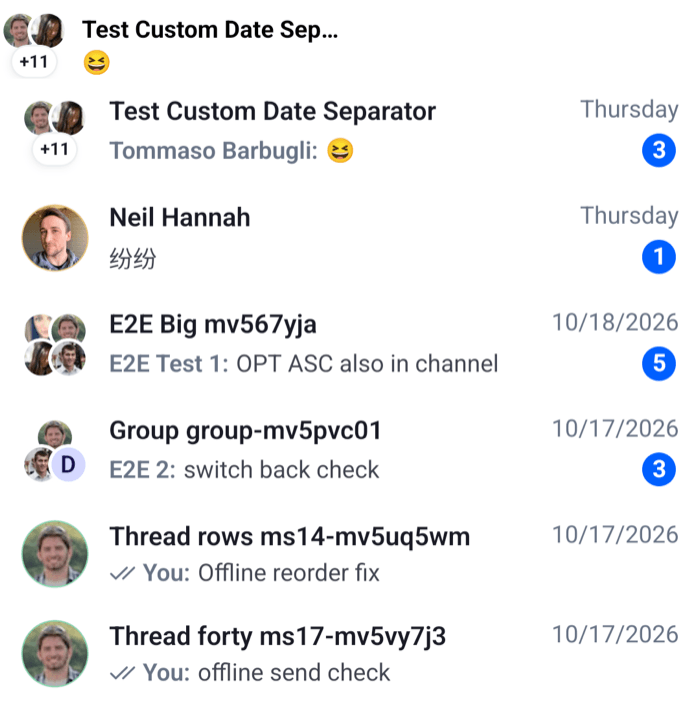 A channel list with compact rows showing the avatar, title, time, message line and unread badge on Android