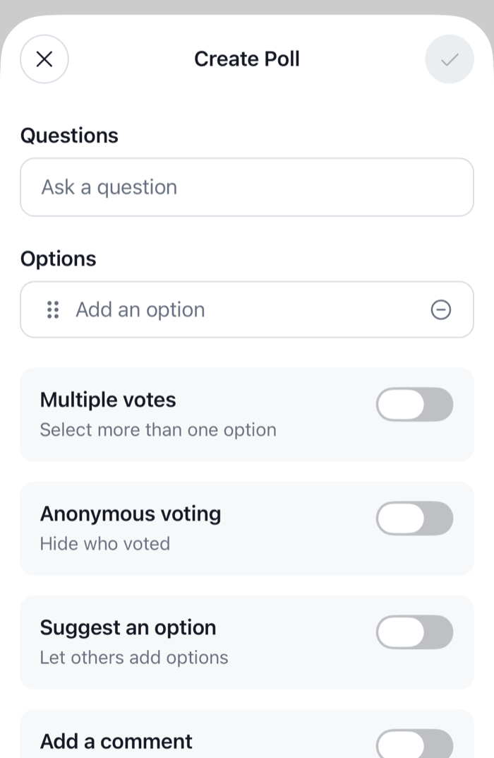 The Create Poll sheet with the question, the options and the poll settings on iOS
