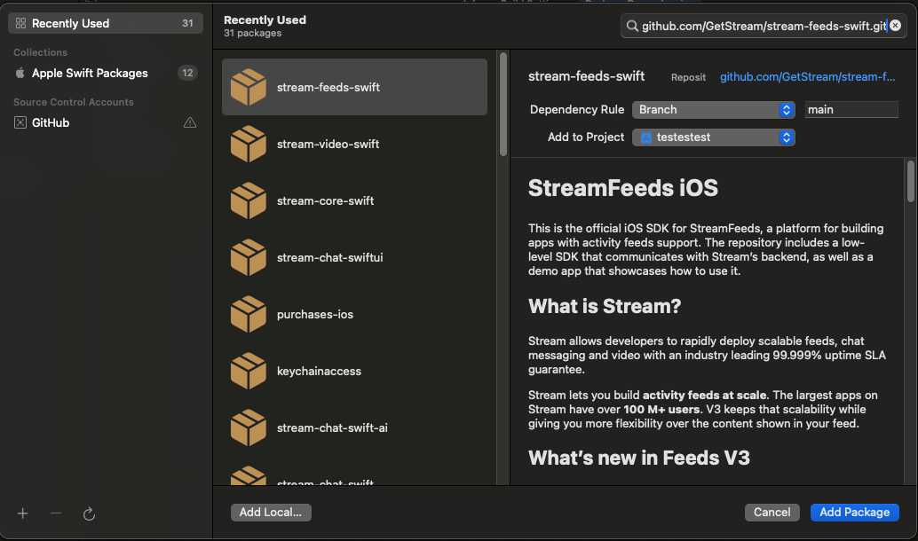 Screenshot shows how to add the SPM dependency