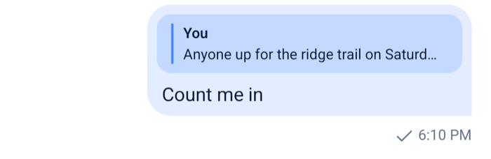 A sent reply with the quoted message and its author at the top of the bubble on Android