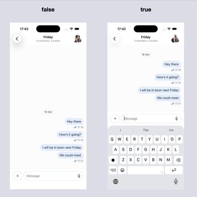 The state of entering the chat channel screen when either of the two options for becomesFirstResponderOnOpen are set.