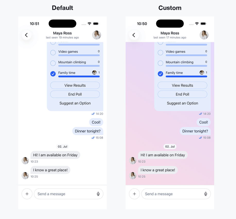 Comparison of the default Message List background compared to a custom implementation.