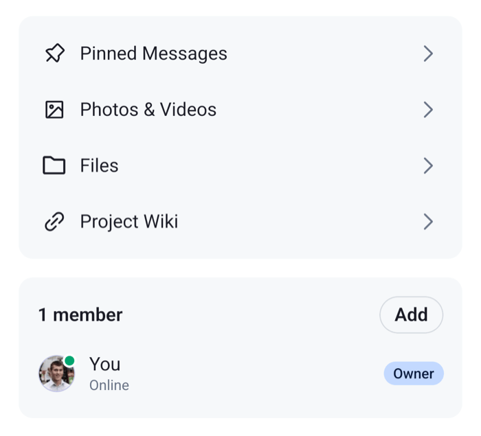 Channel details with a Project Wiki row after Files on Android