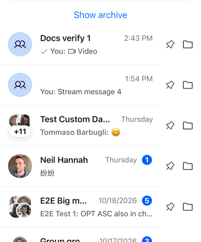 Channel rows with a pin button and an archive button at the end of each row on iOS