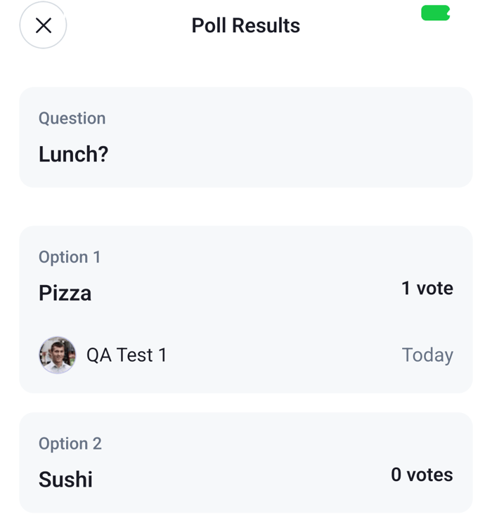 A poll results screen with the question and each option with its votes on Android