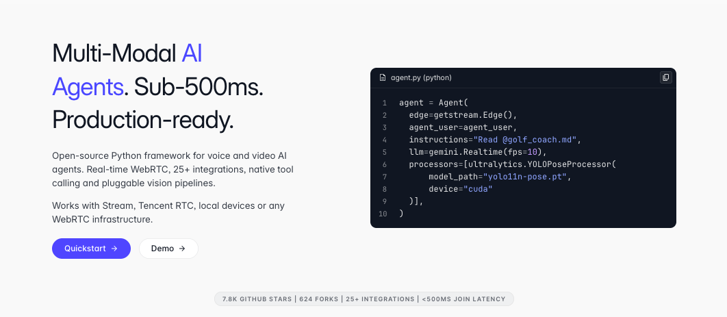 Vision Agents  -  Multi-Modal AI Agents, Sub-500ms, Production-ready