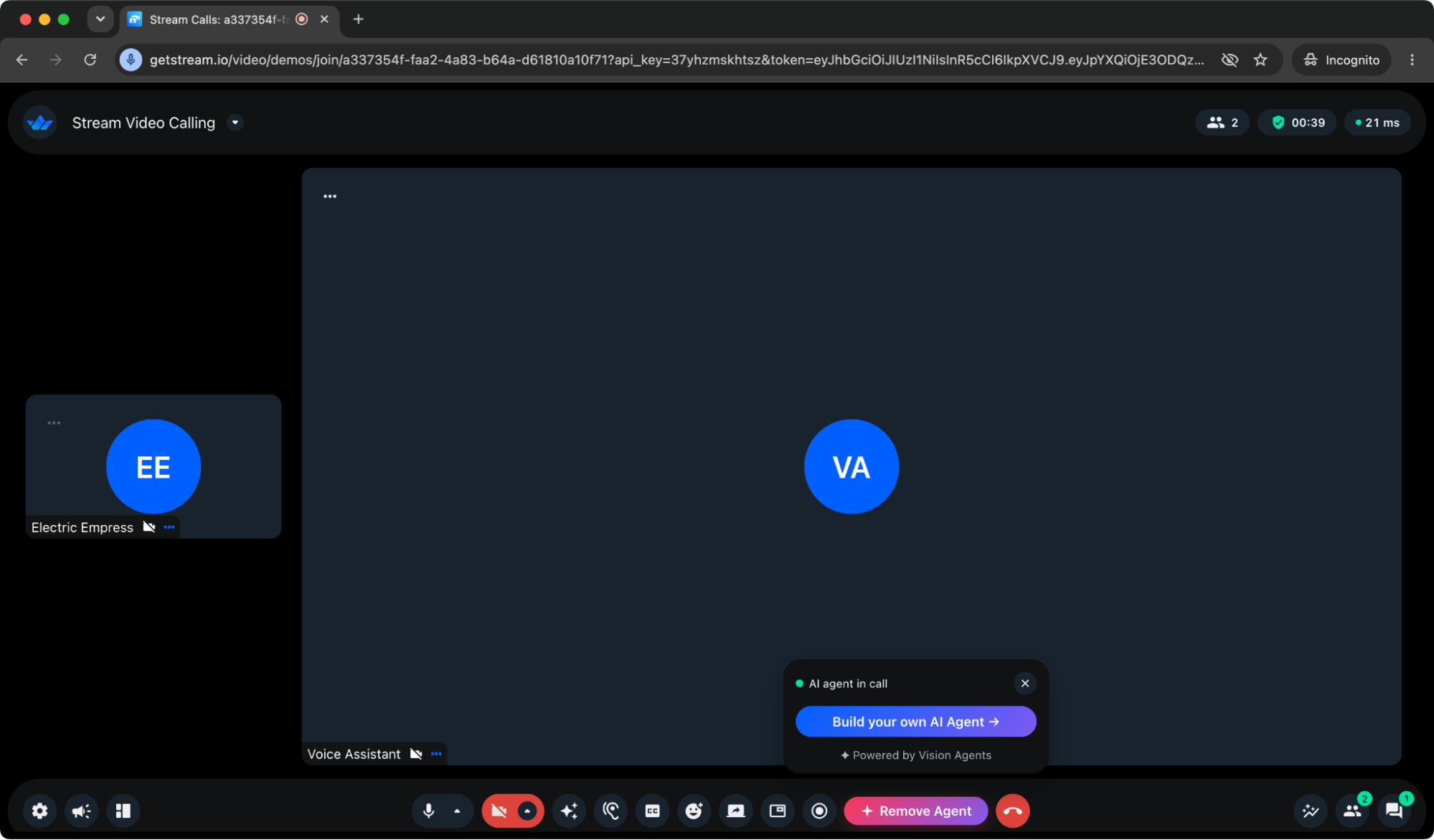 The demo call UI with the user and the Voice Assistant agent