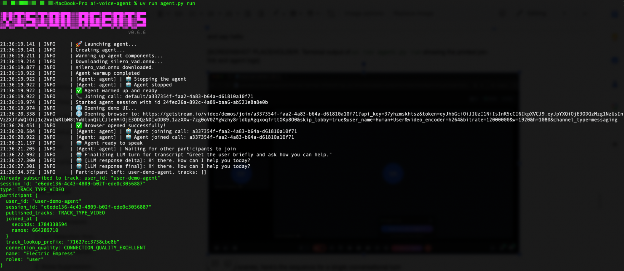 Terminal output from launching the Vision Agents voice agent