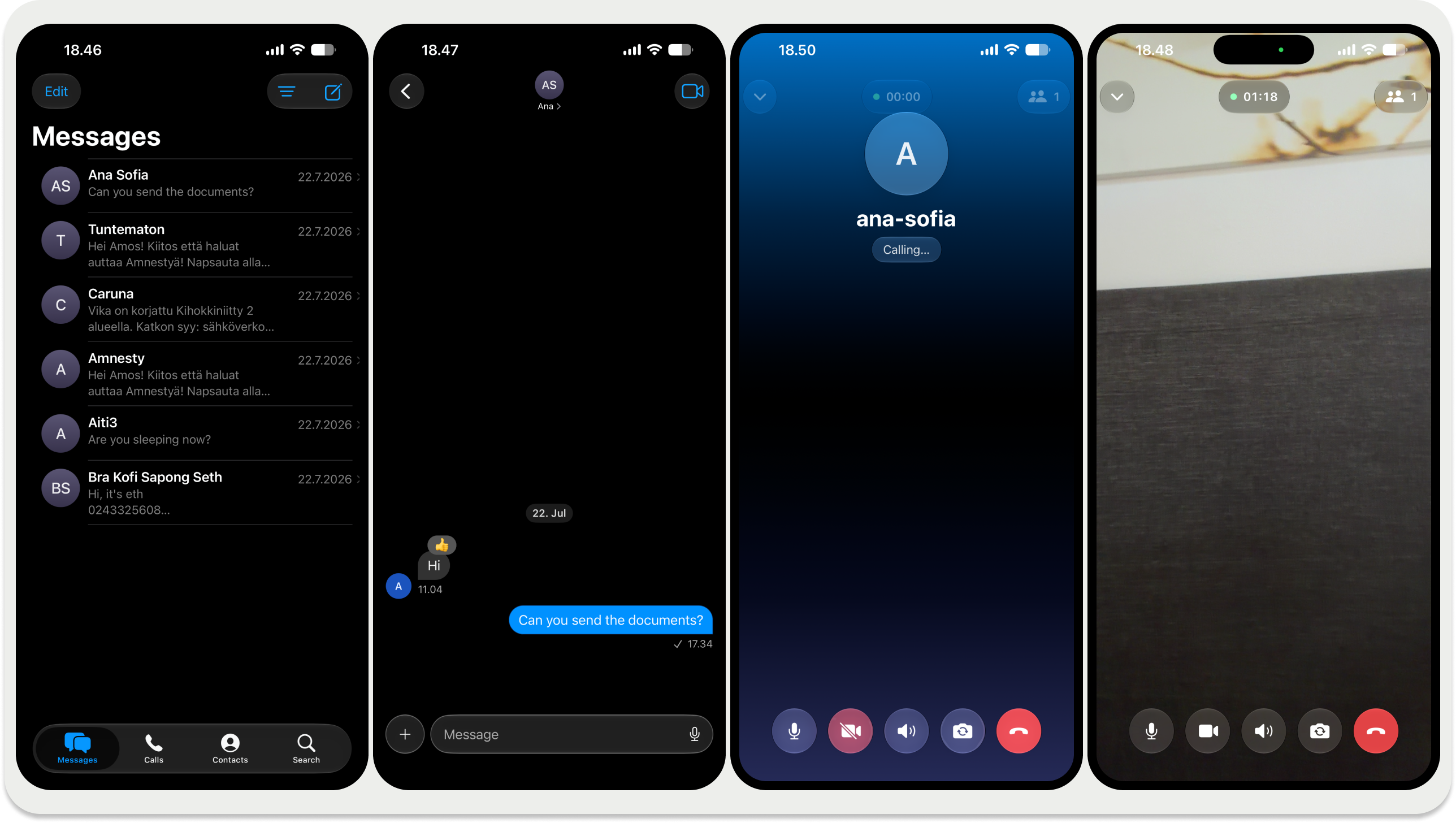 The completed iMessage clone: inbox, conversation, and call screens