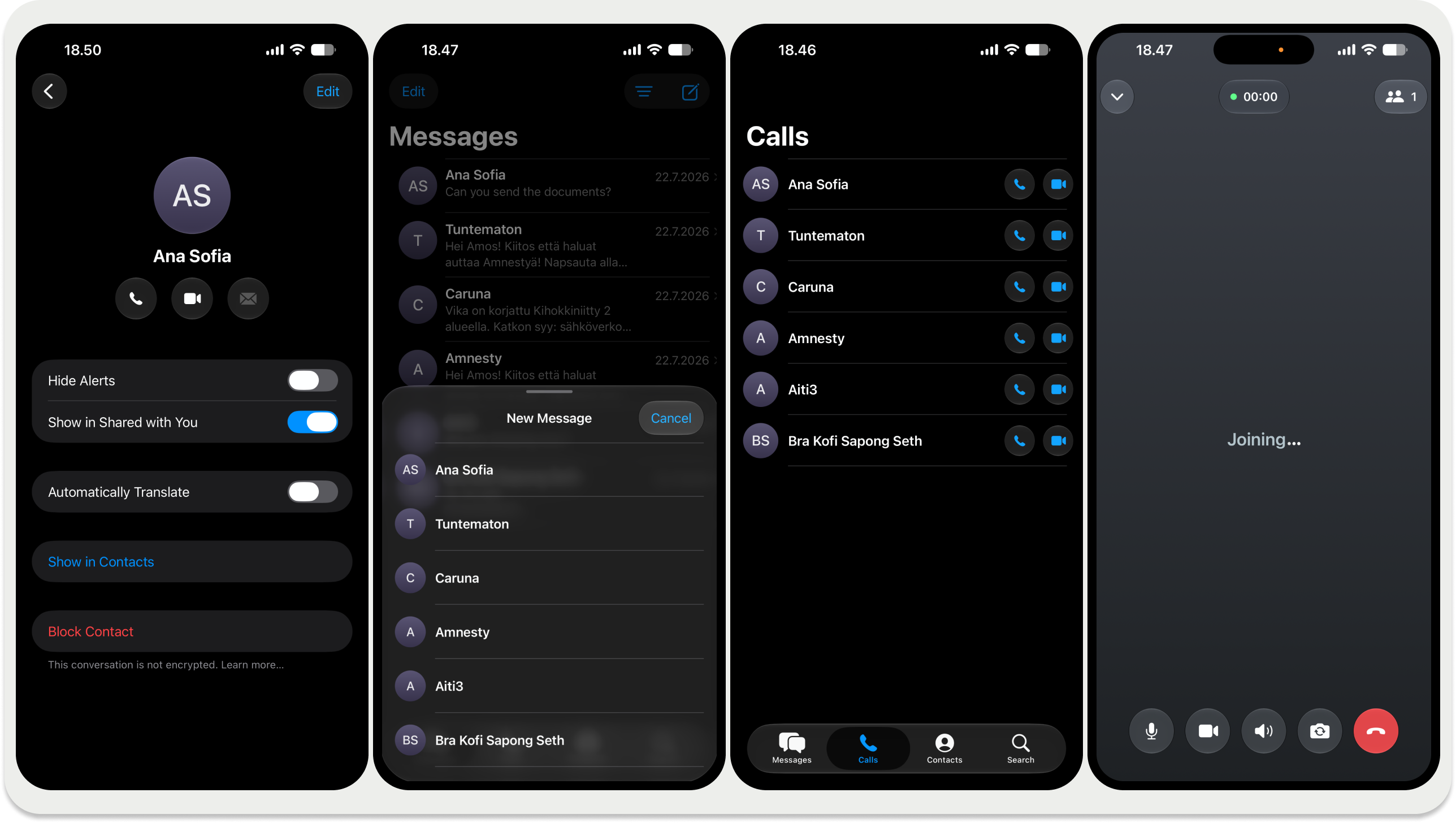 The contact profile screen alongside the inbox, new message, calls list, and an active call