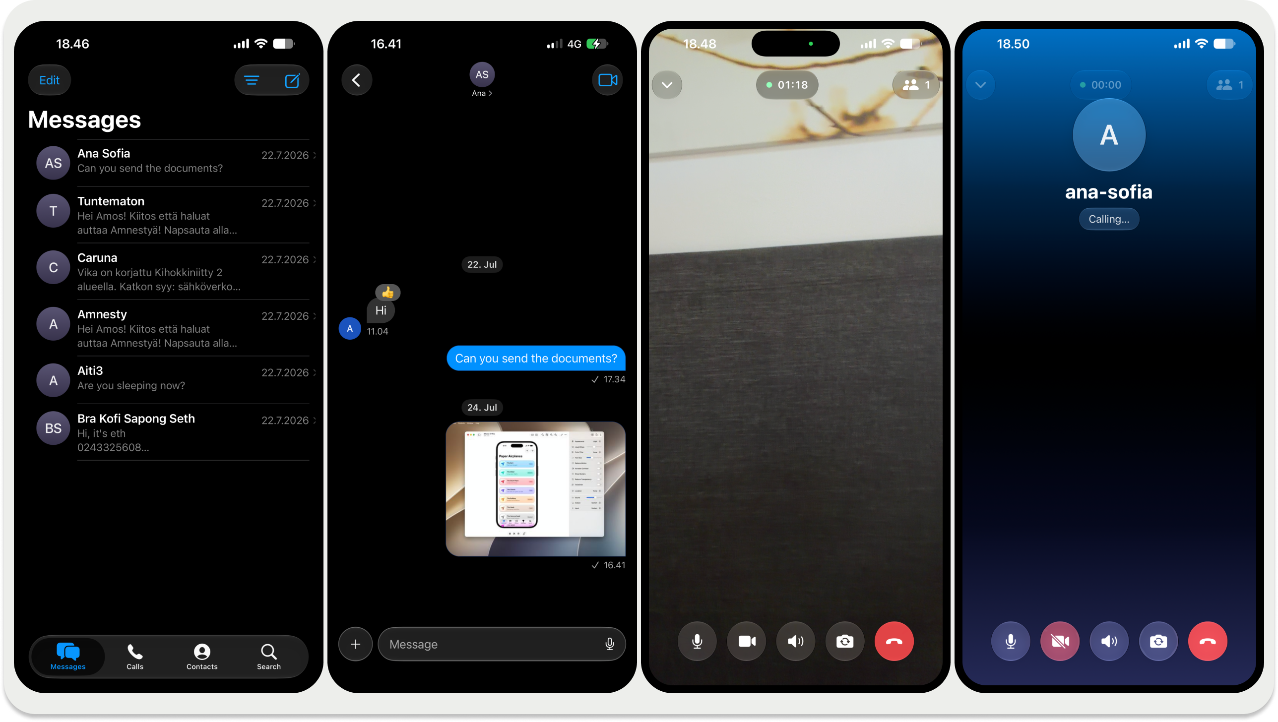 The finished app: inbox, a conversation with a shared photo, and call screens