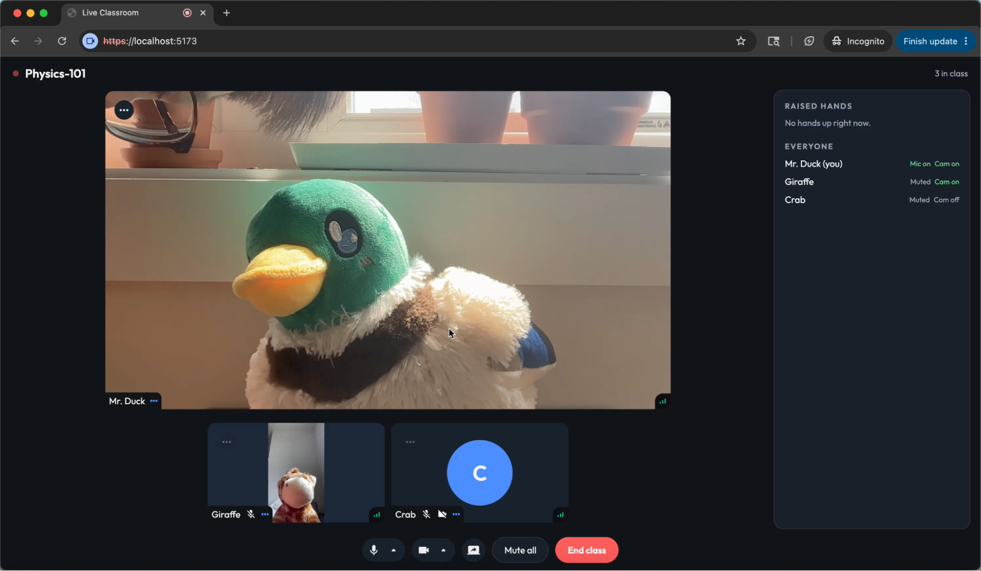 Teacher's view with the roster panel and mute-all control