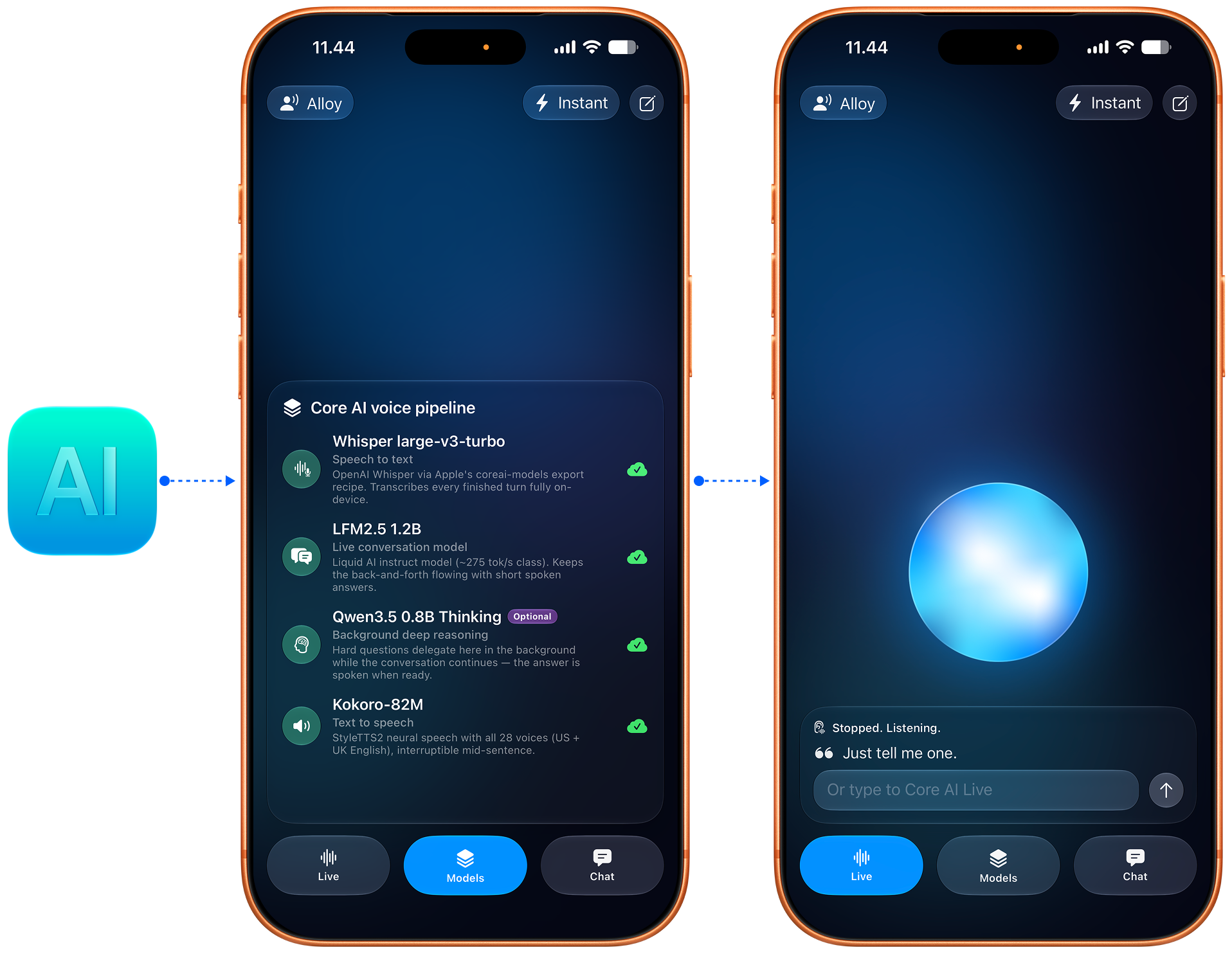 Core AI voice pipeline running live in an on-device chat assistant