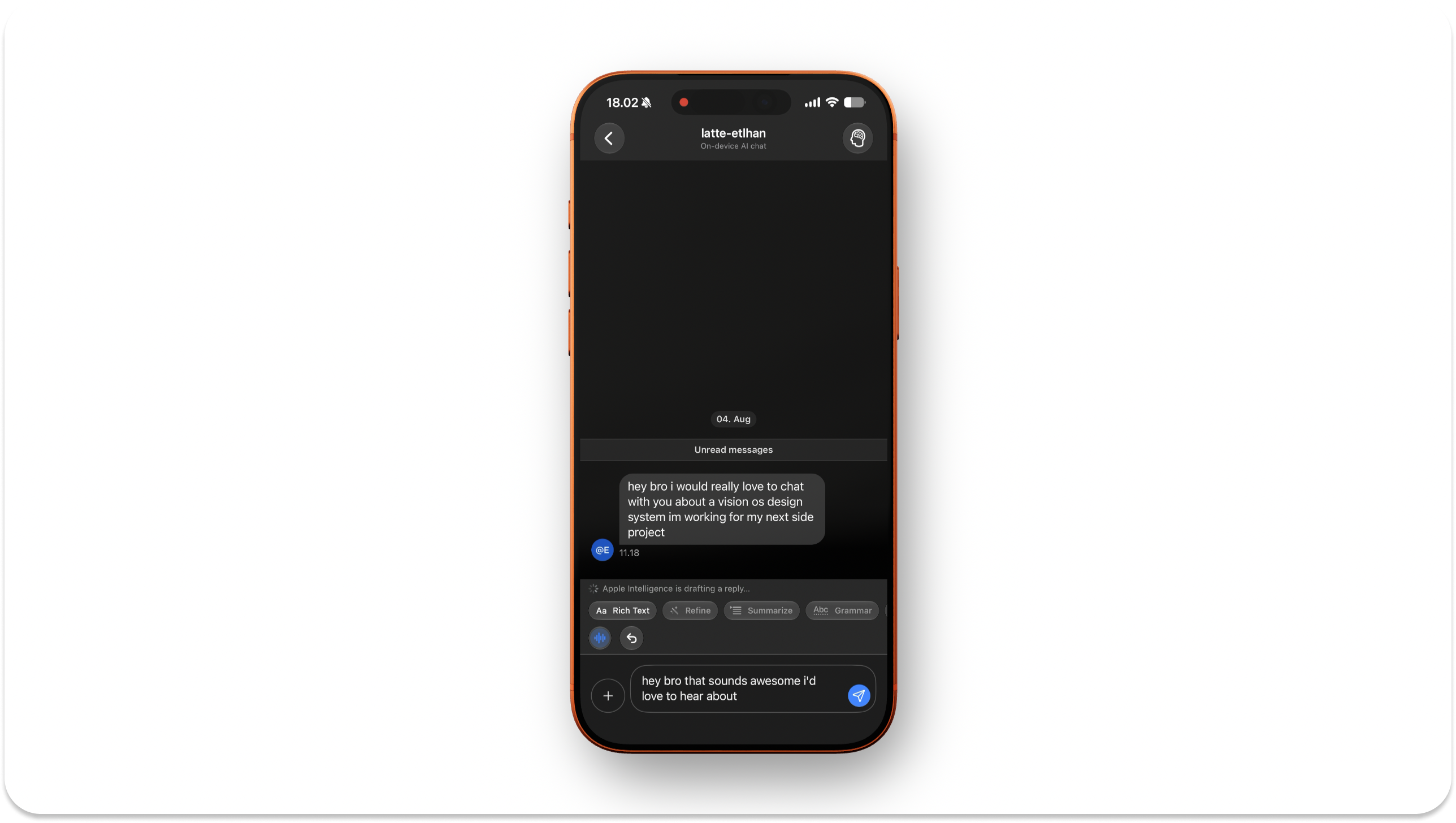 Apple Intelligence drafting a reply to an incoming chat message in Stream Chat