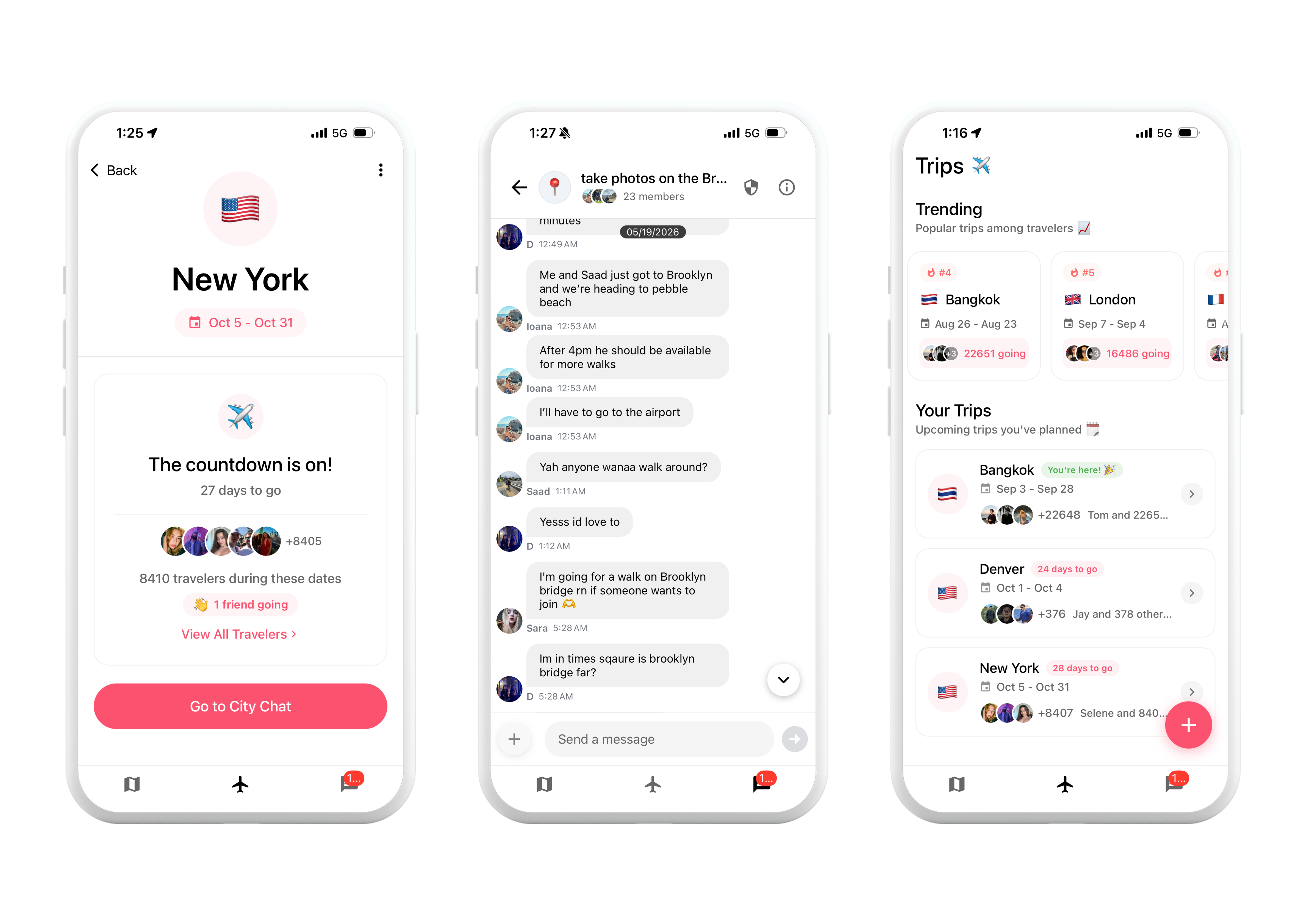 Nomadtable app screens showing a trip countdown, a group chat, and the Trips discovery screen
