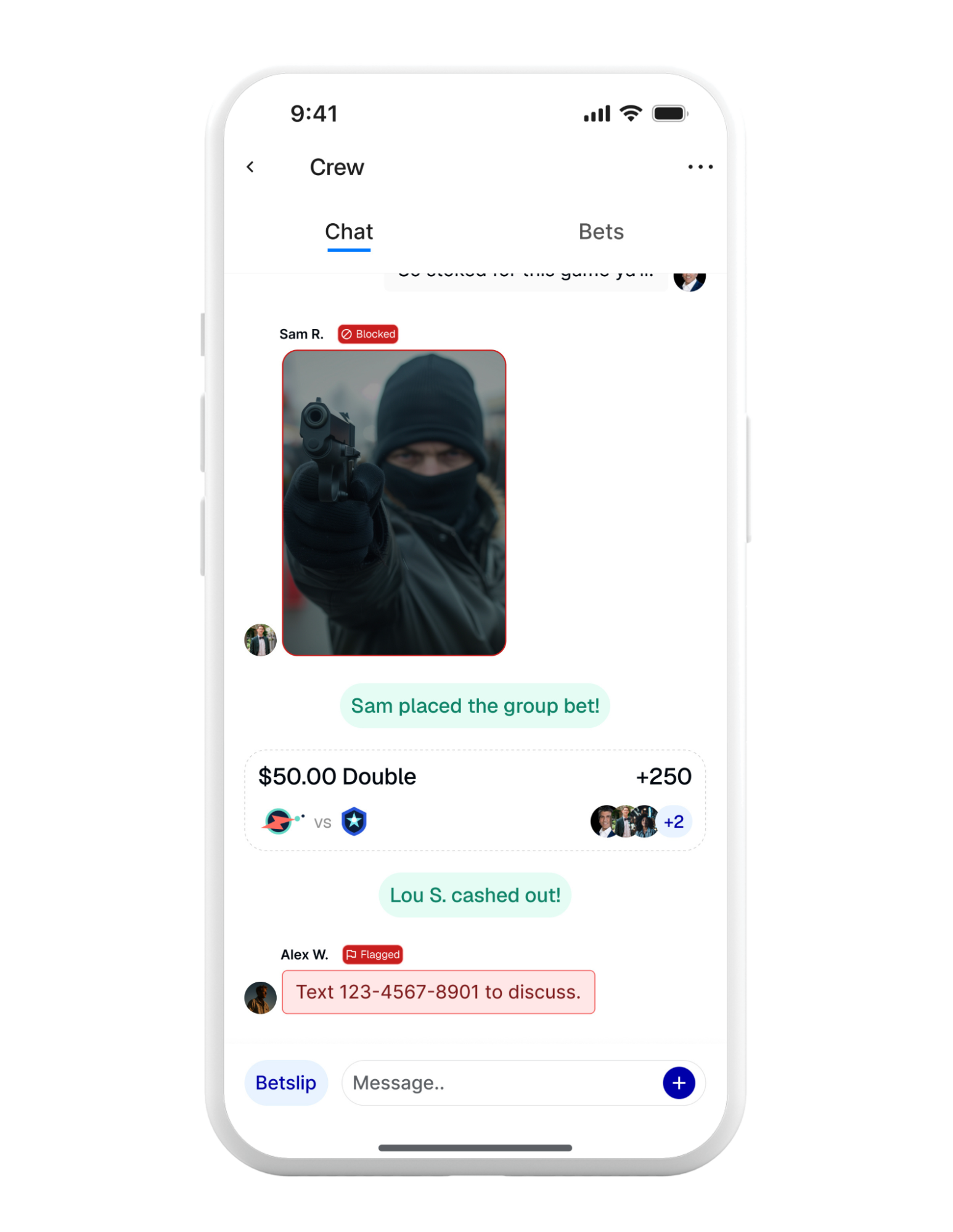 Prediction market group chat with moderation actions like blocked images and flagged messages