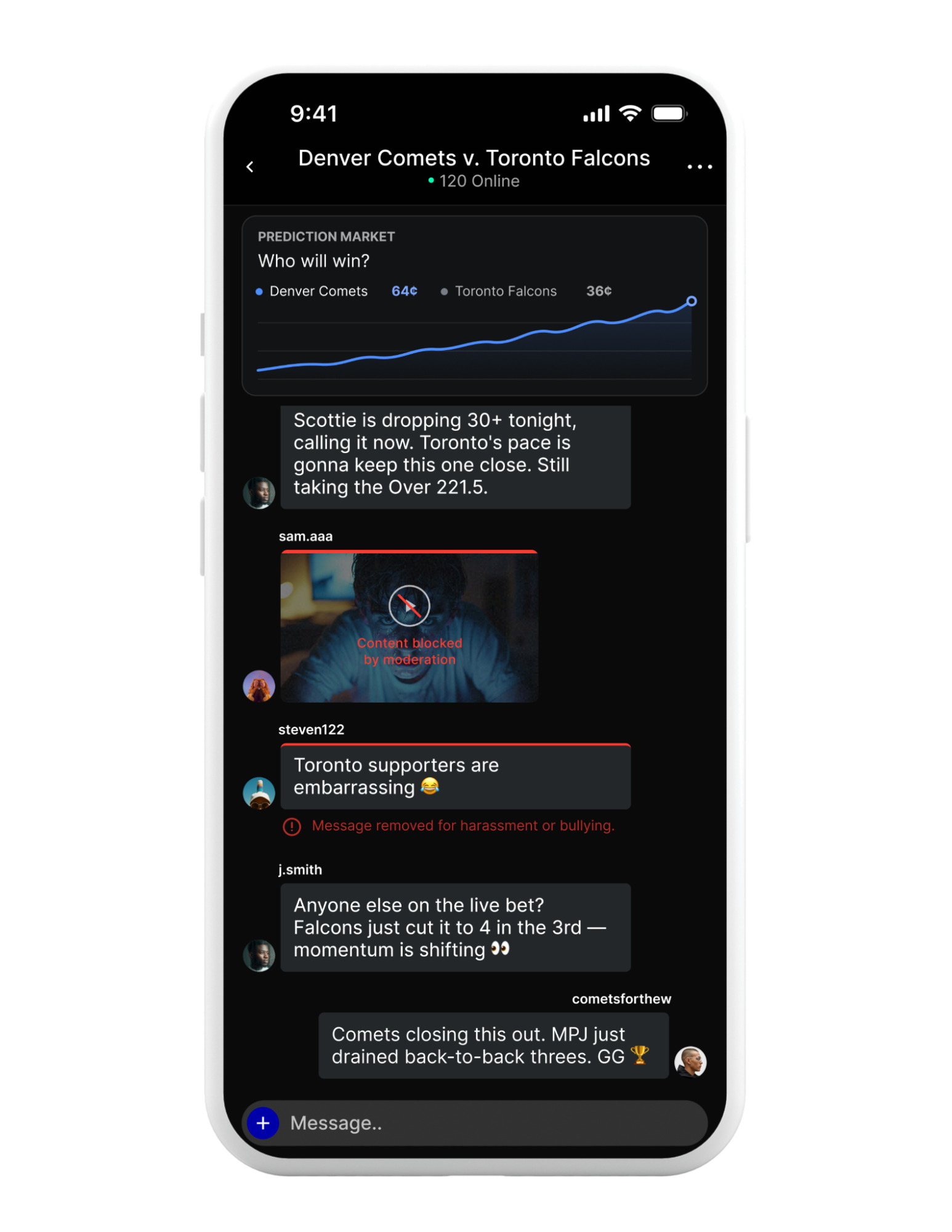 Live game chat showing real-time moderation blocking harmful content and removing harassment