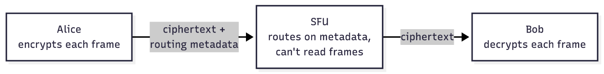 With SFrame, the SFU routes on metadata alone and never sees decrypted media frames