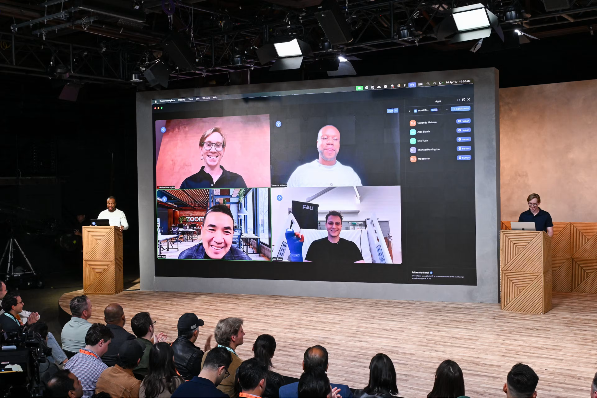 Zoom demoing World ID Deep Face verification on stage, showing verified human badges for each participant
