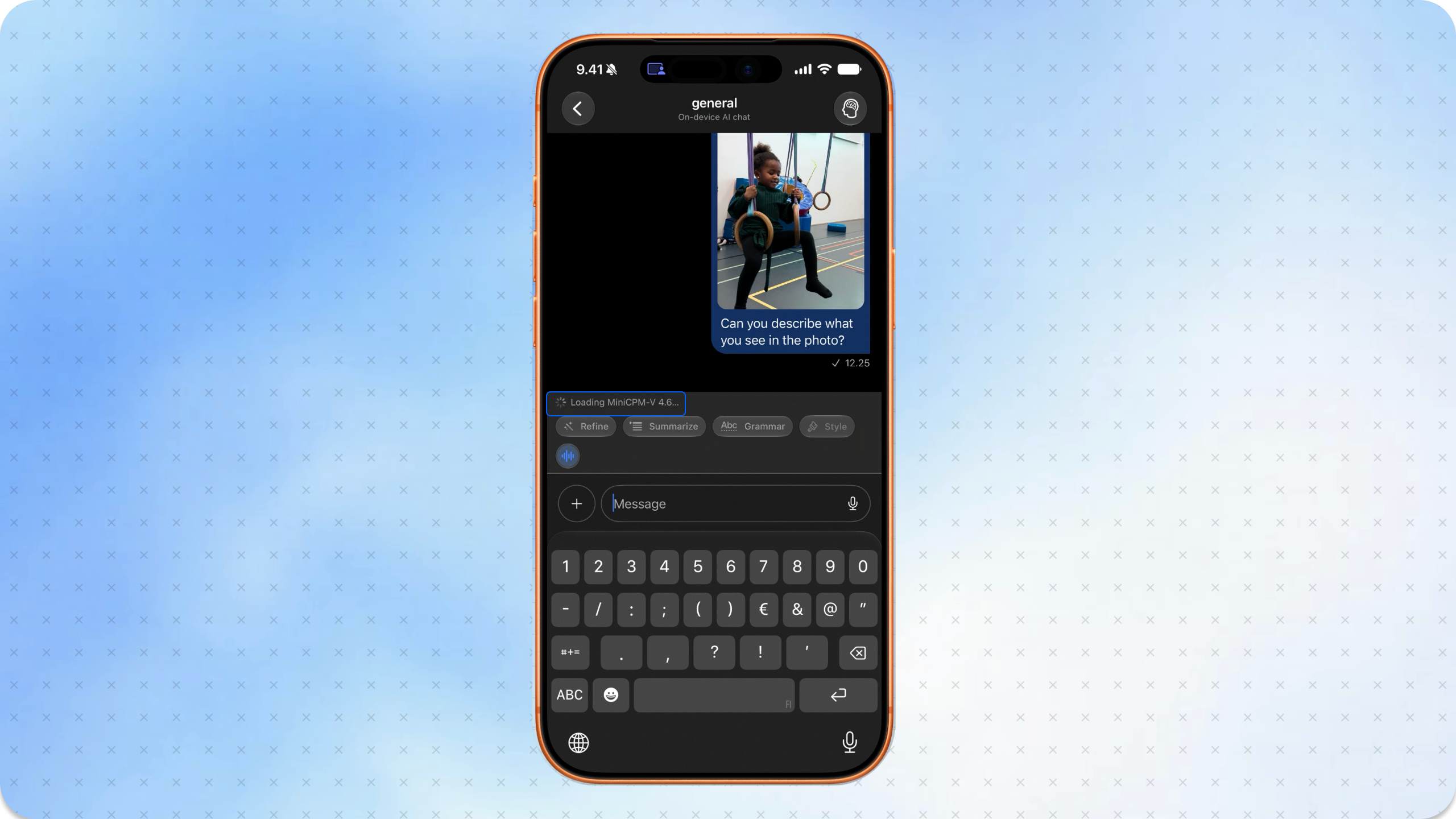 MiniCPM-V vision model processing a photo attachment in Stream Chat