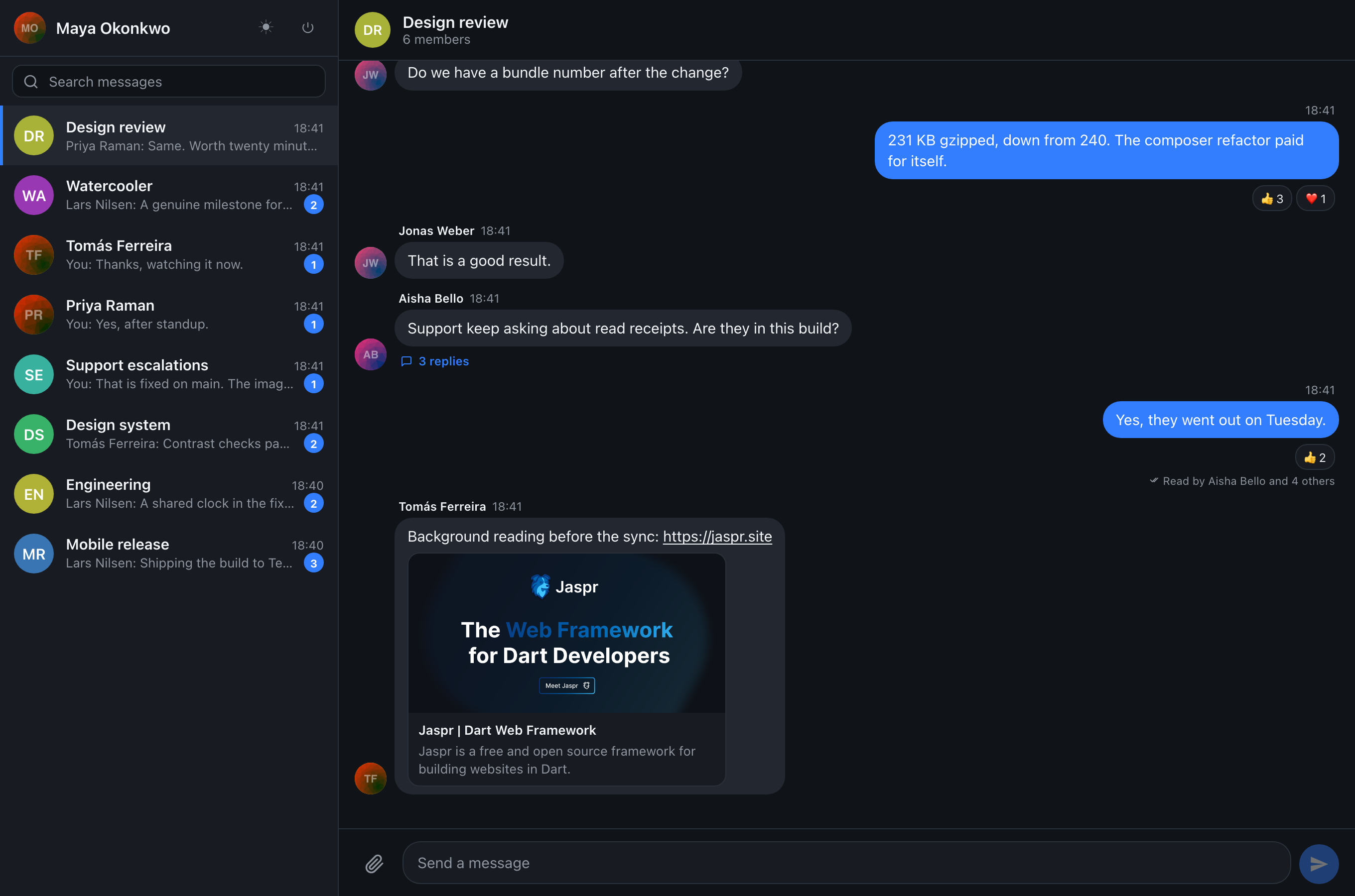 The same conversation in the dark theme