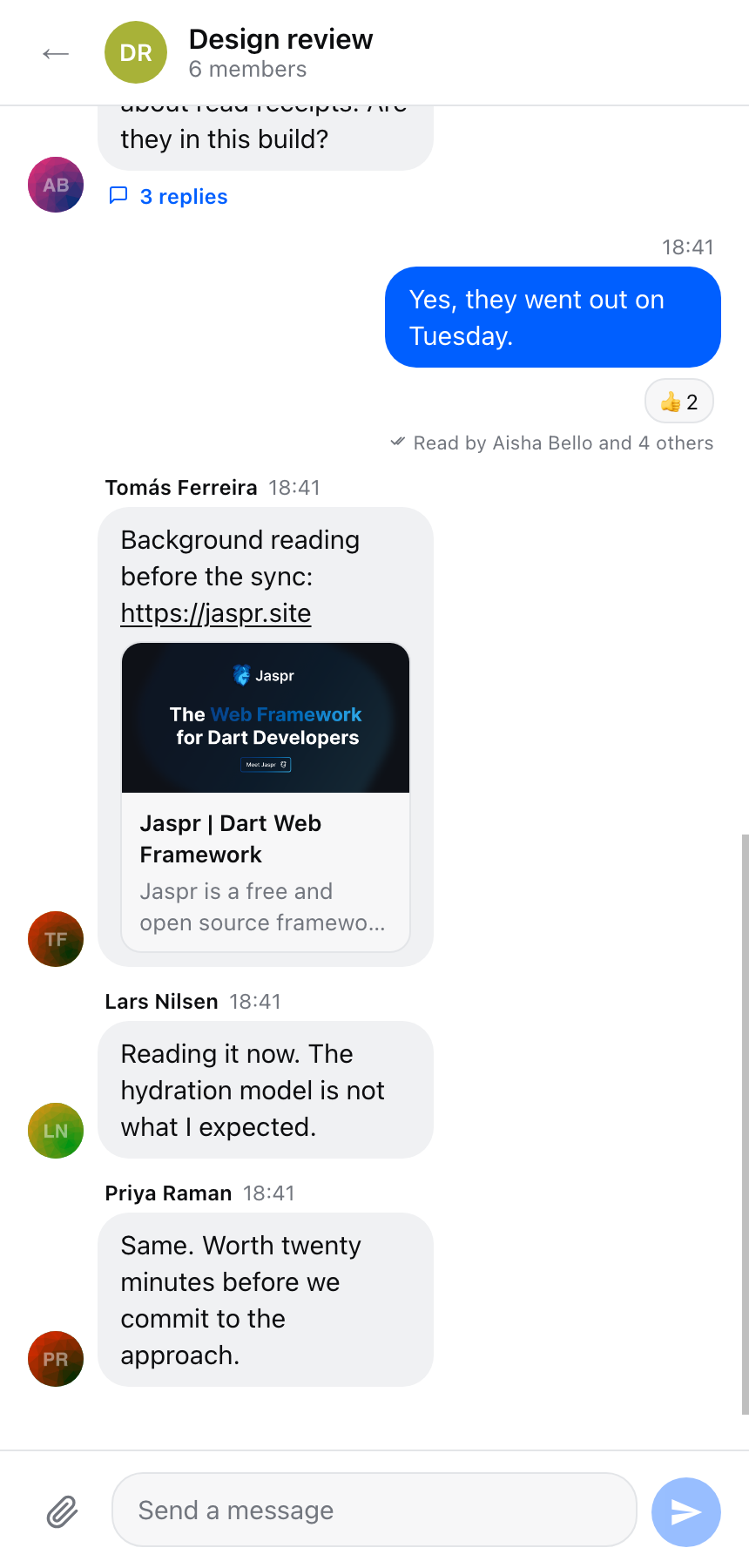 The example application at a phone-width viewport, collapsed to a single pane with a back arrow in the header
