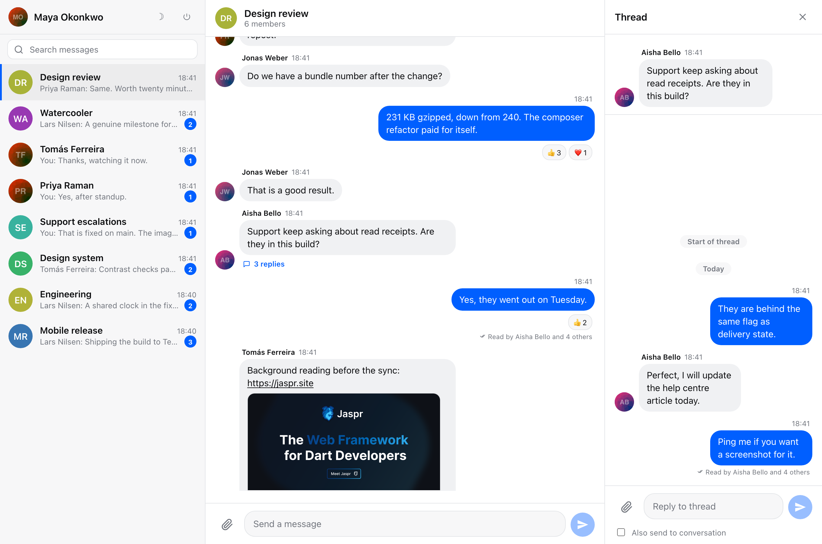 Three panes side by side: the channel list, the conversation, and a thread pane with its own composer and an "also send to conversation" checkbox