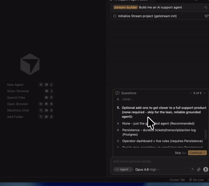 Configuration questions for the AI support agent build, showing question 5 of 5 on optional add-ons