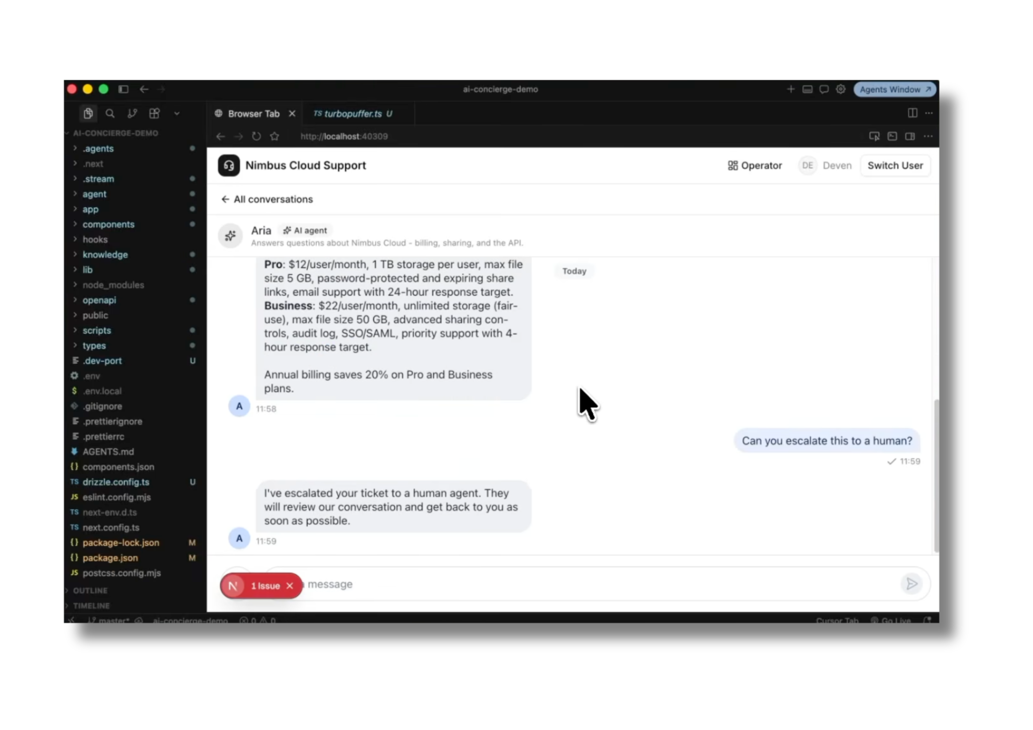 Chat showing a ticket escalated to a human agent after the bot answered a pricing question