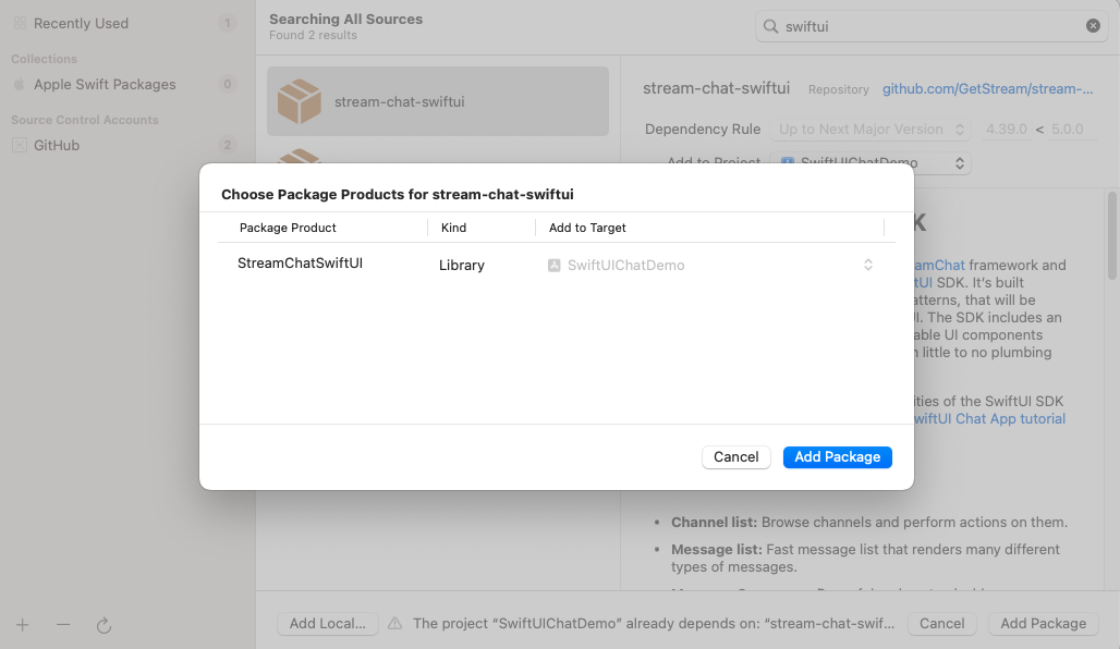 Screenshot showing the selection of the SwiftUI package