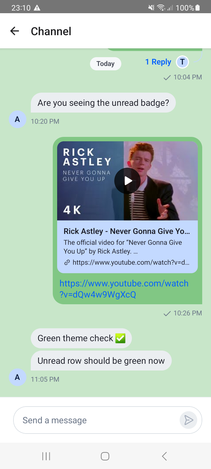 YouTube link unfurled in the message list on Android