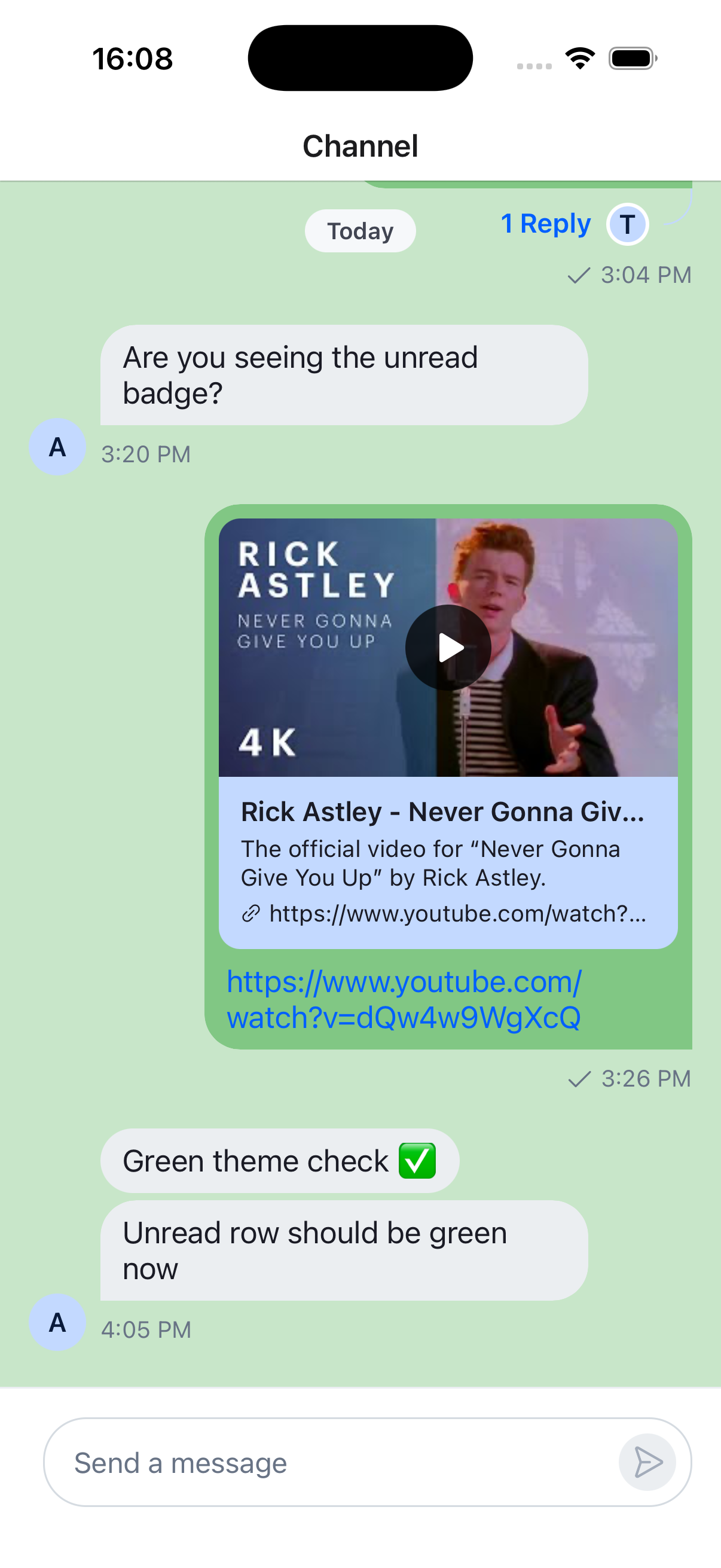 YouTube link unfurled in the message list on iOS