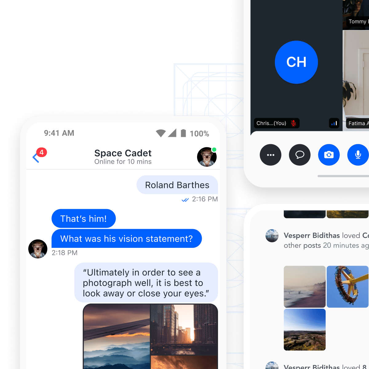example of chat messaging, video and audio, and activity feeds mockups using light theme
