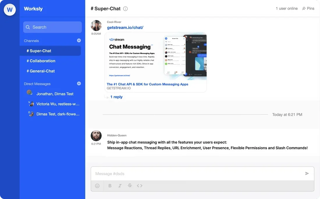 example of react sdk team chat messaging demo