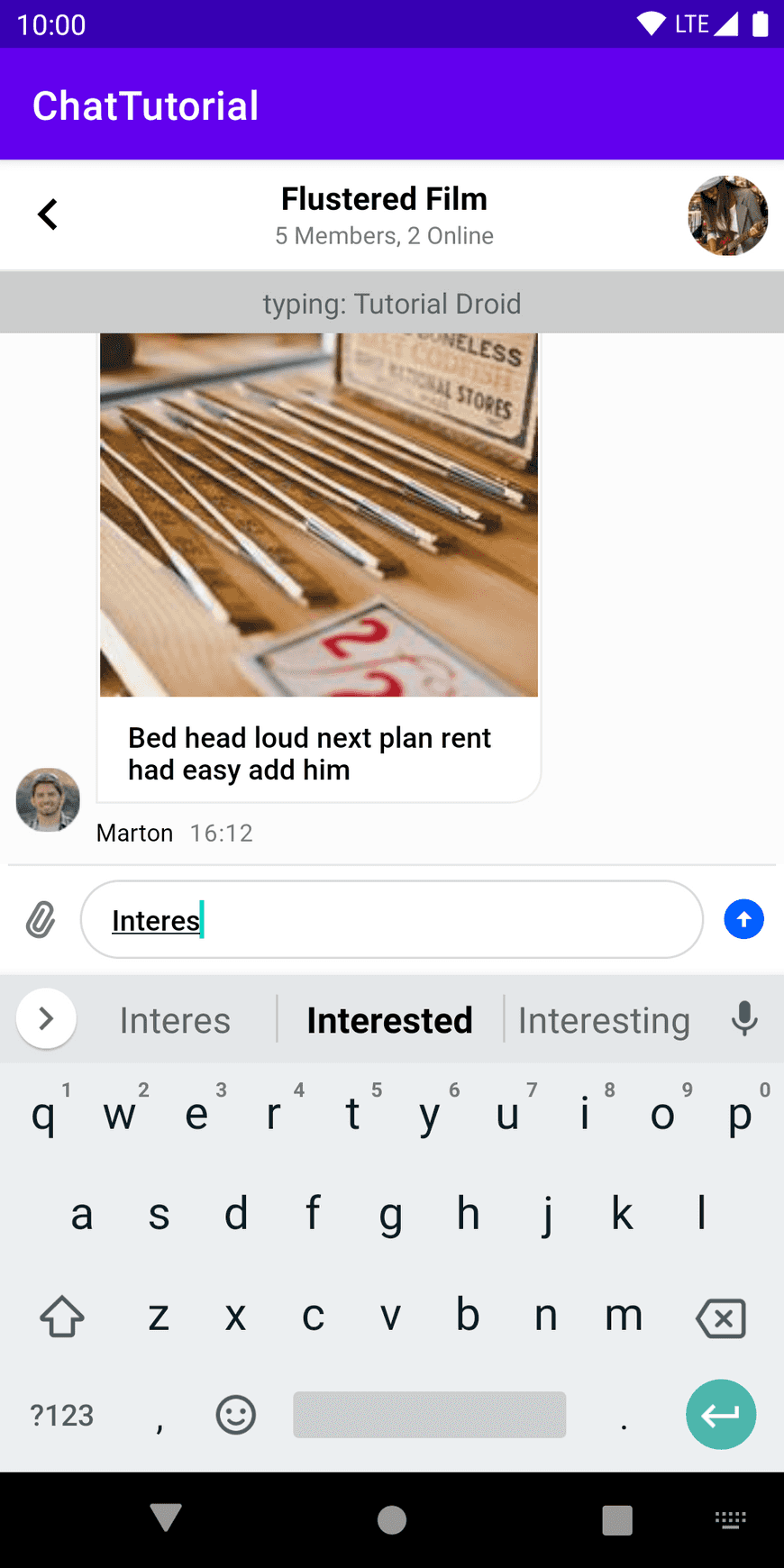 In-app example of typing into an Android messaging window