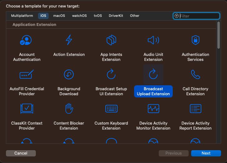 Screenshot shows how to create broadcast upload extension in Xcode